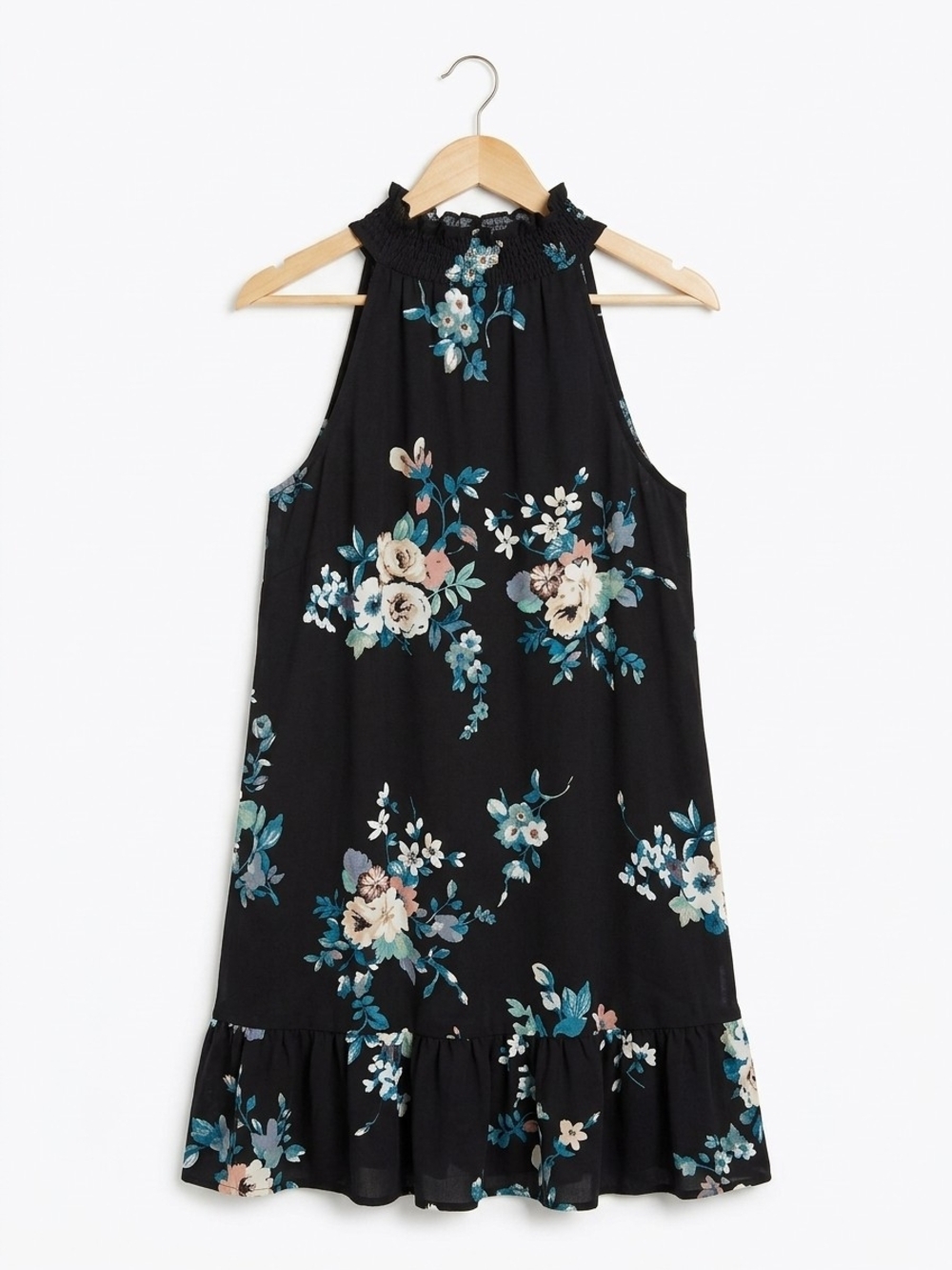 Xhilaration Black Floral High-Neck Swing Mini Dress